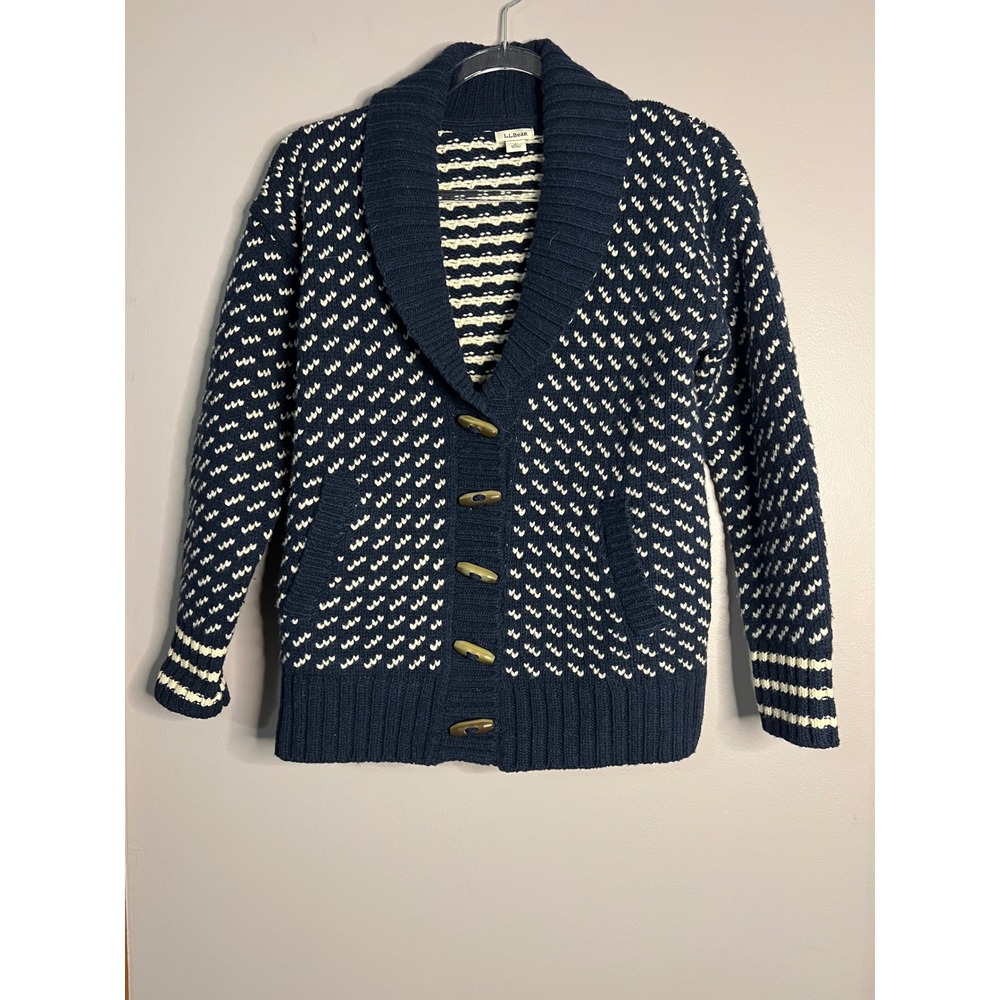 LL Bean Womens Navy Blue Birds Eye Lambswool Shawl Collar Toggle Cardigan S Pet